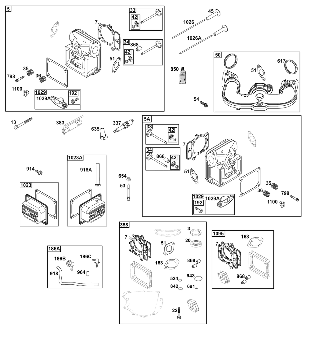 Cylinder Head Group Diagram and Parts List for 44N677-0064-B5 400000 - 699999 Briggs and Stratton Engine